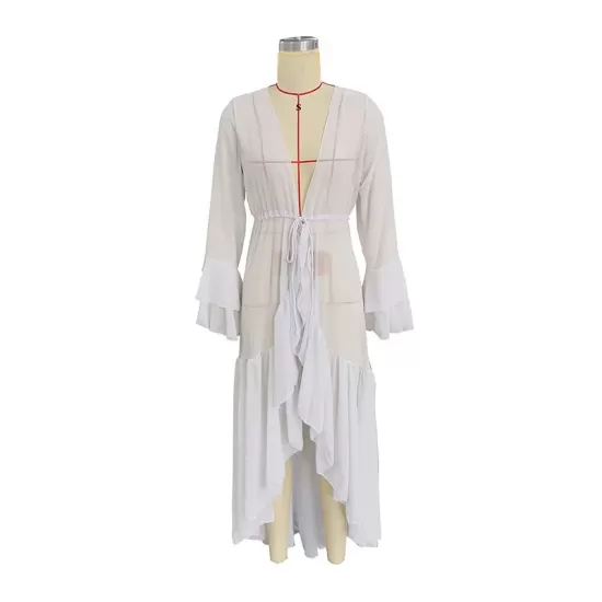 Flared Sleeves High-Low Bandage See-Through Solid Color Deep V-Neck Cover-Ups Swimwear Flared Sleeves High-Low Bandage See-Through Solid Color Deep V-Neck Cover-Ups Swimwear