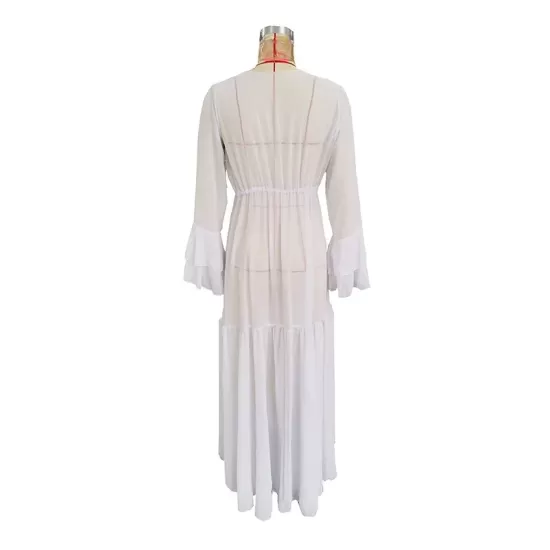 Flared Sleeves High-Low Bandage See-Through Solid Color Deep V-Neck Cover-Ups Swimwear Flared Sleeves High-Low Bandage See-Through Solid Color Deep V-Neck Cover-Ups Swimwear