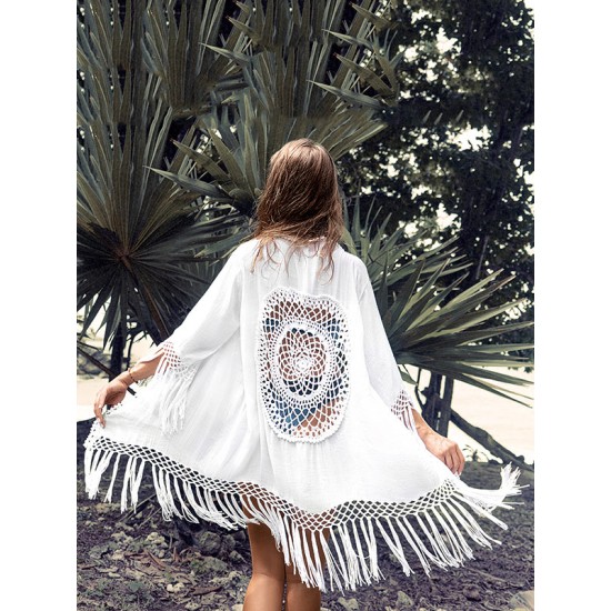 Solid Color Loose Hollow Tasseled Cardigan Cover-Up Swimwear Solid Color Loose Hollow Tasseled Cardigan Cover-Up Swimwear