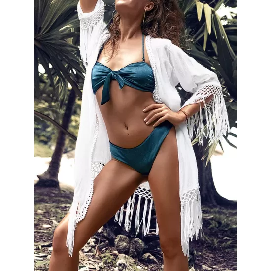 Solid Color Loose Hollow Tasseled Cardigan Cover-Up Swimwear Solid Color Loose Hollow Tasseled Cardigan Cover-Up Swimwear