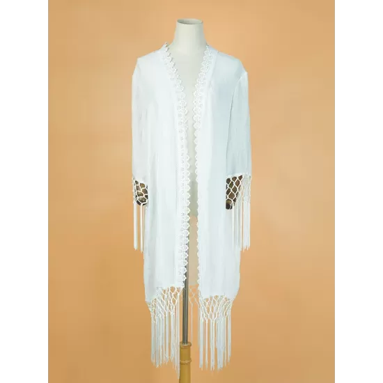 Solid Color Loose Hollow Tasseled Cardigan Cover-Up Swimwear Solid Color Loose Hollow Tasseled Cardigan Cover-Up Swimwear