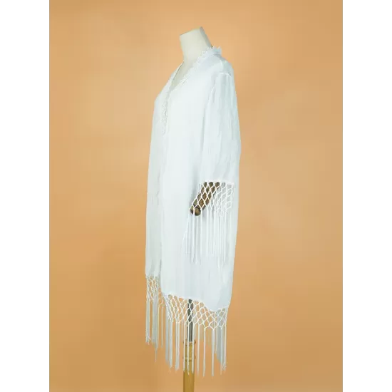 Solid Color Loose Hollow Tasseled Cardigan Cover-Up Swimwear Solid Color Loose Hollow Tasseled Cardigan Cover-Up Swimwear