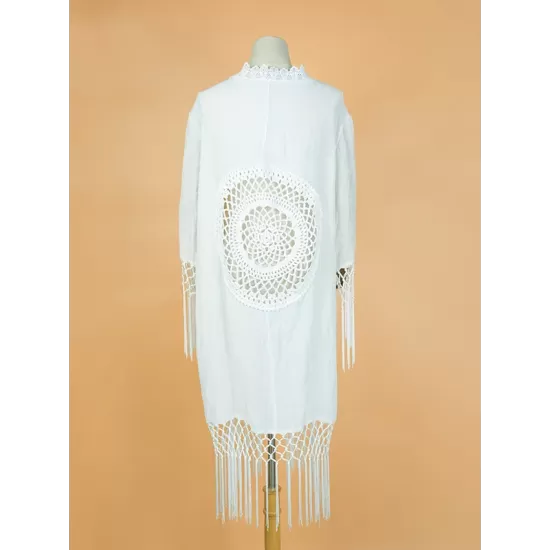 Solid Color Loose Hollow Tasseled Cardigan Cover-Up Swimwear Solid Color Loose Hollow Tasseled Cardigan Cover-Up Swimwear