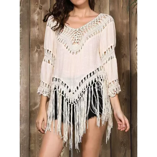 Sexy Crochetgo Split-Joint Tasseled Half Sleeve Cover-Ups Tops Sexy Crochetgo Split-Joint Tasseled Half Sleeve Cover-Ups Tops