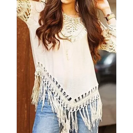 Sexy Crochetgo Split-Joint Tasseled Half Sleeve Cover-Ups Tops Sexy Crochetgo Split-Joint Tasseled Half Sleeve Cover-Ups Tops