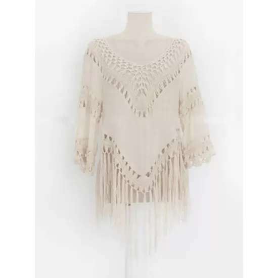 Sexy Crochetgo Split-Joint Tasseled Half Sleeve Cover-Ups Tops Sexy Crochetgo Split-Joint Tasseled Half Sleeve Cover-Ups Tops