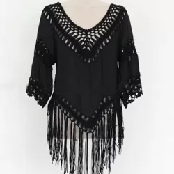 Sexy Crochetgo Split-Joint Tasseled Half Sleeve Cover-Ups Tops