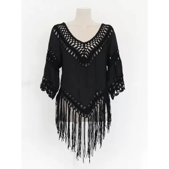 Sexy Crochetgo Split-Joint Tasseled Half Sleeve Cover-Ups Tops Sexy Crochetgo Split-Joint Tasseled Half Sleeve Cover-Ups Tops