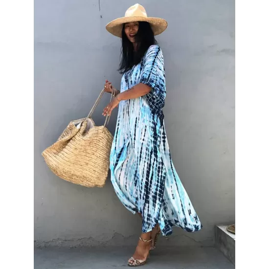 Bohemia Oversized Striped Printed Batwing Sleeves Cover-Up Bohemia Oversized Striped Printed Batwing Sleeves Cover-Up