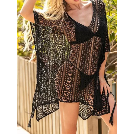 Lace Hollow Bat Sleeves Poncho Cover-Ups Tops Lace Hollow Bat Sleeves Poncho Cover-Ups Tops