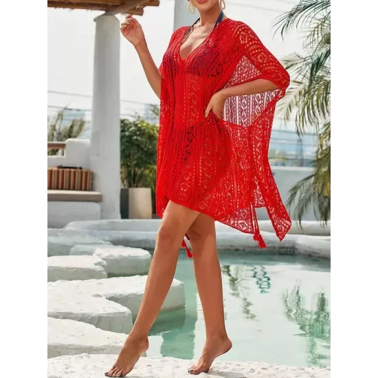 Lace Hollow Bat Sleeves Poncho Cover-Ups Tops Lace Hollow Bat Sleeves Poncho Cover-Ups Tops