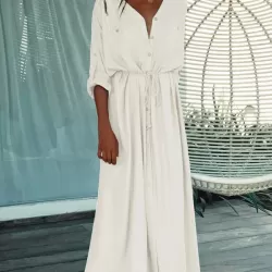 Bohemia Solid Color Long Sleeve Belted Maxi Dress
