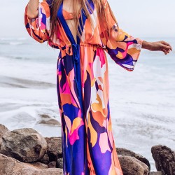 Floral-Print Long Sleeved Tunicshang Cover-Ups Tops