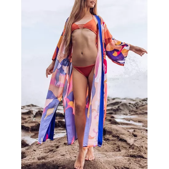 Floral-Print Long Sleeved Tunicshang Cover-Ups Tops Floral-Print Long Sleeved Tunicshang Cover-Ups Tops