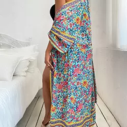 Loose Short Sleeve Floral Print Cardigan Cover-Up Swimwear
