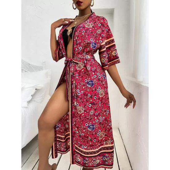 Loose Short Sleeve Floral Print Cardigan Cover-Up Swimwear Loose Short Sleeve Floral Print Cardigan Cover-Up Swimwear