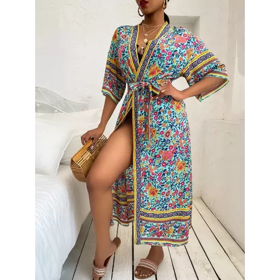 Loose Short Sleeve Floral Print Cardigan Cover-Up Swimwear Loose Short Sleeve Floral Print Cardigan Cover-Up Swimwear