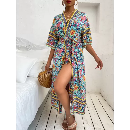 Loose Short Sleeve Floral Print Cardigan Cover-Up Swimwear Loose Short Sleeve Floral Print Cardigan Cover-Up Swimwear