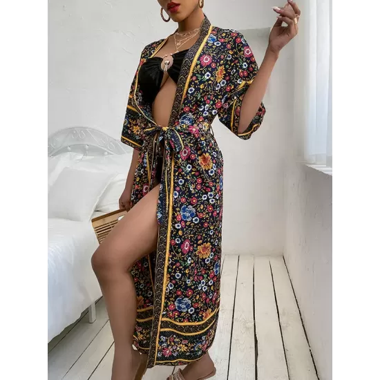 Loose Short Sleeve Floral Print Cardigan Cover-Up Swimwear Loose Short Sleeve Floral Print Cardigan Cover-Up Swimwear