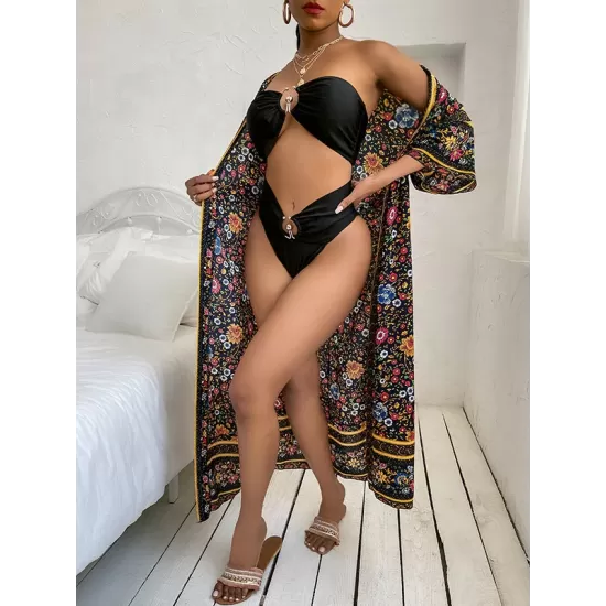 Loose Short Sleeve Floral Print Cardigan Cover-Up Swimwear Loose Short Sleeve Floral Print Cardigan Cover-Up Swimwear
