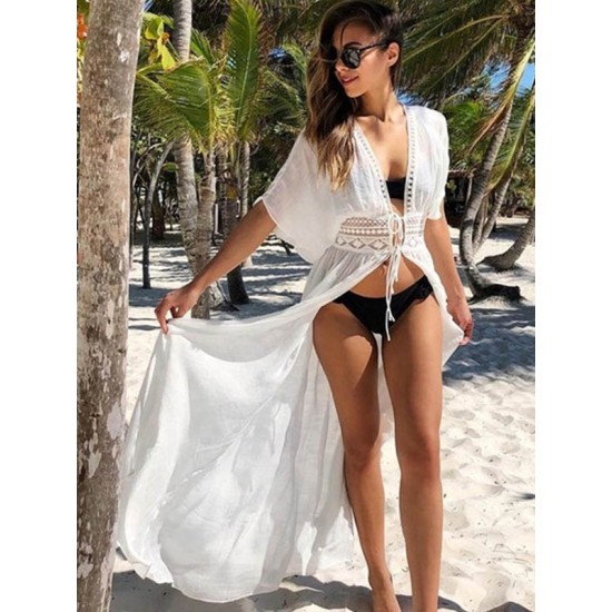 Deep V-Neck Solid Color Empire Bandage Lace-Up Cover-Up Swimwear Deep V-Neck Solid Color Empire Bandage Lace-Up Cover-Up Swimwear