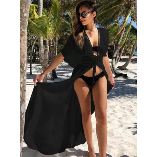 Deep V-Neck Solid Color Empire Bandage Lace-Up Cover-Up Swimwear Deep V-Neck Solid Color Empire Bandage Lace-Up Cover-Up Swimwear