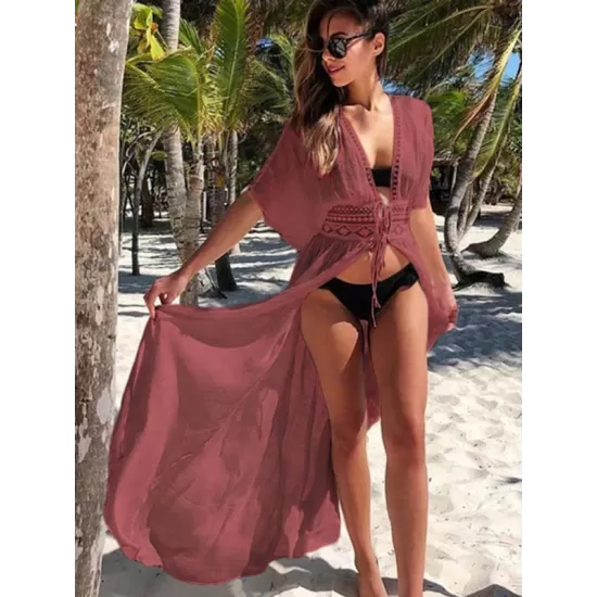 Deep V-Neck Solid Color Empire Bandage Lace-Up Cover-Up Swimwear Deep V-Neck Solid Color Empire Bandage Lace-Up Cover-Up Swimwear