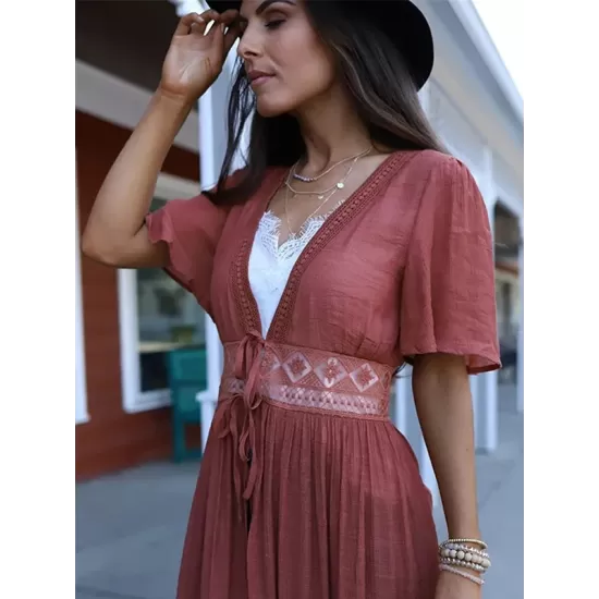 Deep V-Neck Solid Color Empire Bandage Lace-Up Cover-Up Swimwear Deep V-Neck Solid Color Empire Bandage Lace-Up Cover-Up Swimwear