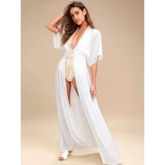 Deep V-Neck Solid Color Empire Bandage Lace-Up Cover-Up Swimwear Deep V-Neck Solid Color Empire Bandage Lace-Up Cover-Up Swimwear