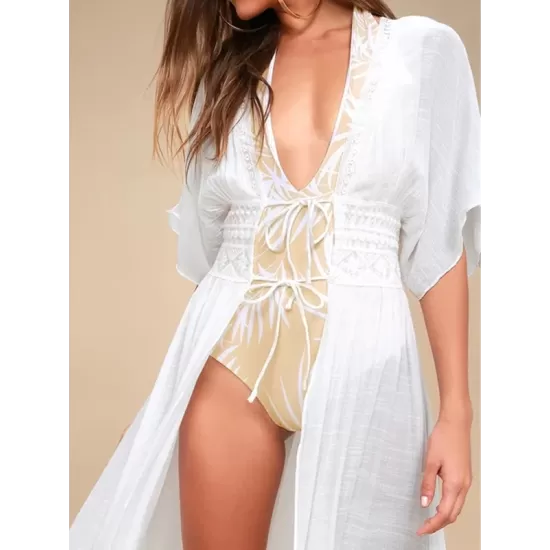 Deep V-Neck Solid Color Empire Bandage Lace-Up Cover-Up Swimwear Deep V-Neck Solid Color Empire Bandage Lace-Up Cover-Up Swimwear