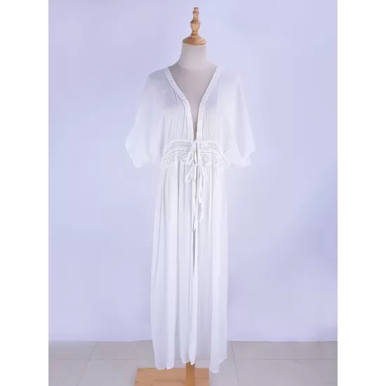 Deep V-Neck Solid Color Empire Bandage Lace-Up Cover-Up Swimwear Deep V-Neck Solid Color Empire Bandage Lace-Up Cover-Up Swimwear
