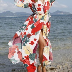 Floral-Print Belted Long Sleeve Tunicshang Cover-Ups
