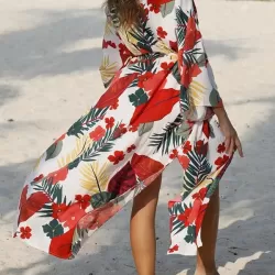 Floral-Print Belted Long Sleeve Tunicshang Cover-Ups