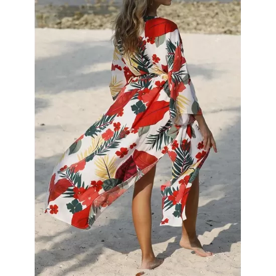 Floral-Print Belted Long Sleeve Tunicshang Cover-Ups Floral-Print Belted Long Sleeve Tunicshang Cover-Ups