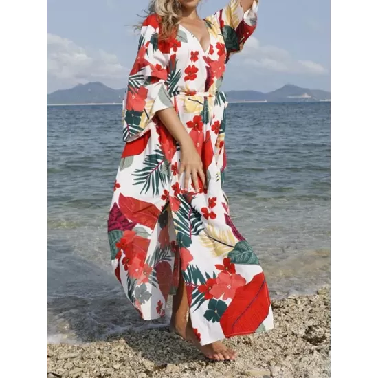 Floral-Print Belted Long Sleeve Tunicshang Cover-Ups Floral-Print Belted Long Sleeve Tunicshang Cover-Ups