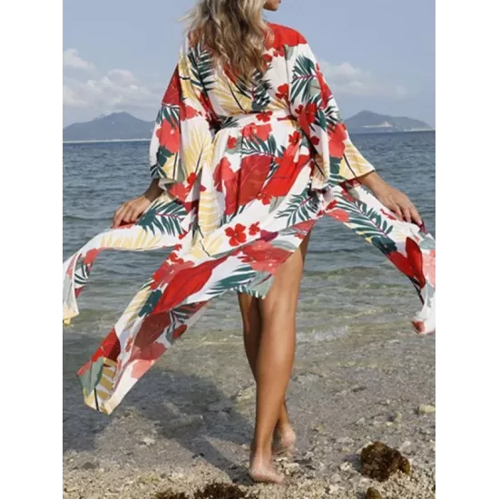 Floral-Print Belted Long Sleeve Tunicshang Cover-Ups Floral-Print Belted Long Sleeve Tunicshang Cover-Ups