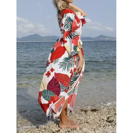 Floral-Print Belted Long Sleeve Tunicshang Cover-Ups Floral-Print Belted Long Sleeve Tunicshang Cover-Ups