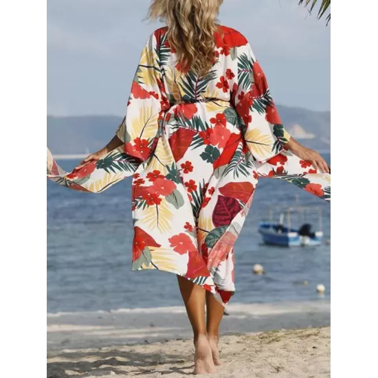 Floral-Print Belted Long Sleeve Tunicshang Cover-Ups Floral-Print Belted Long Sleeve Tunicshang Cover-Ups