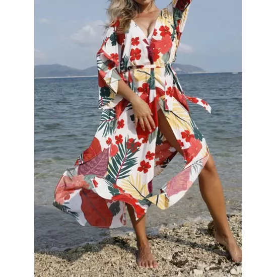 Floral-Print Belted Long Sleeve Tunicshang Cover-Ups Floral-Print Belted Long Sleeve Tunicshang Cover-Ups