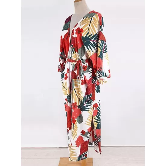 Floral-Print Belted Long Sleeve Tunicshang Cover-Ups Floral-Print Belted Long Sleeve Tunicshang Cover-Ups