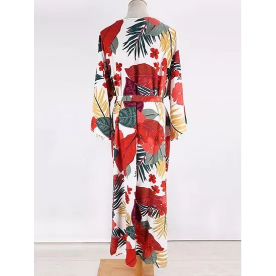 Floral-Print Belted Long Sleeve Tunicshang Cover-Ups Floral-Print Belted Long Sleeve Tunicshang Cover-Ups