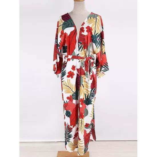 Floral-Print Belted Long Sleeve Tunicshang Cover-Ups Floral-Print Belted Long Sleeve Tunicshang Cover-Ups