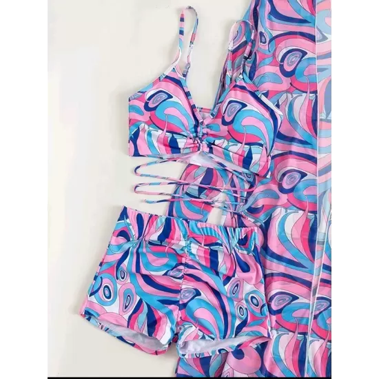 Halterneck Abstract Print Three Pieces Bikini Set Halterneck Abstract Print Three Pieces Bikini Set