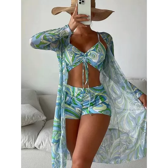 Halterneck Abstract Print Three Pieces Bikini Set Halterneck Abstract Print Three Pieces Bikini Set