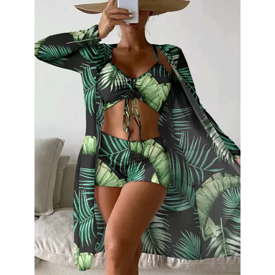 Halterneck Abstract Print Three Pieces Bikini Set Halterneck Abstract Print Three Pieces Bikini Set