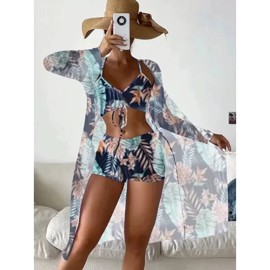 Halterneck Abstract Print Three Pieces Bikini Set Halterneck Abstract Print Three Pieces Bikini Set