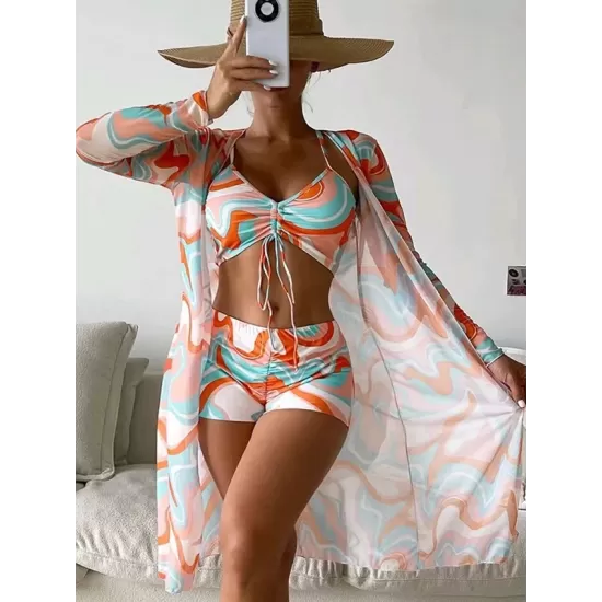Halterneck Abstract Print Three Pieces Bikini Set Halterneck Abstract Print Three Pieces Bikini Set