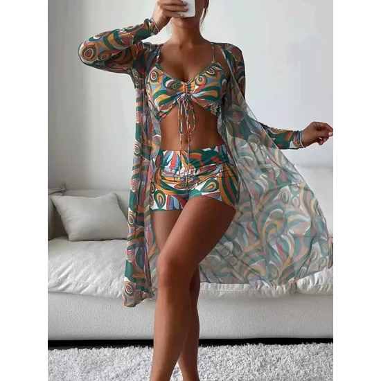 Halterneck Abstract Print Three Pieces Bikini Set Halterneck Abstract Print Three Pieces Bikini Set
