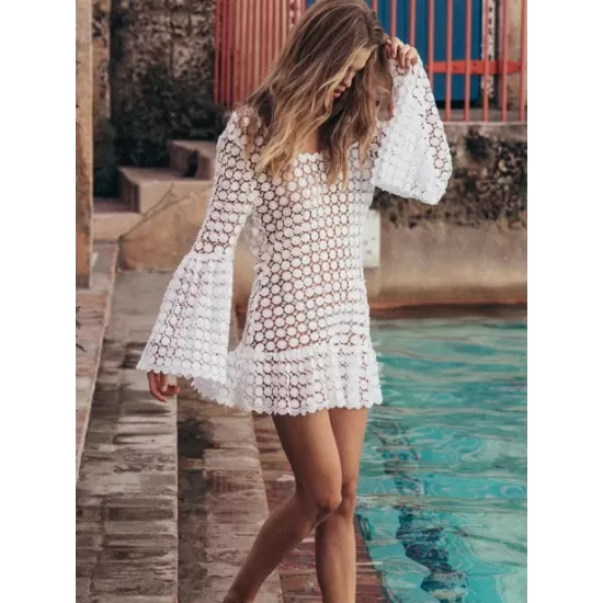 Lace Hollow Flared Sleeve Backless Mini Dress Lace Hollow Flared Sleeve Backless Mini Dress