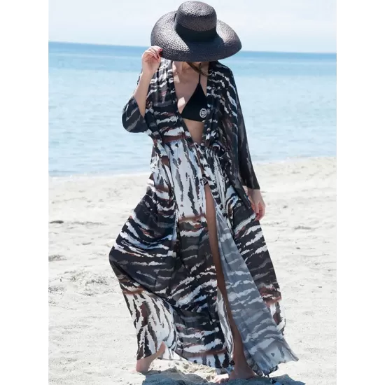 Long Sleeves Floral Printed Chiffon Cardigan Cover-Up Swimwear Long Sleeves Floral Printed Chiffon Cardigan Cover-Up Swimwear